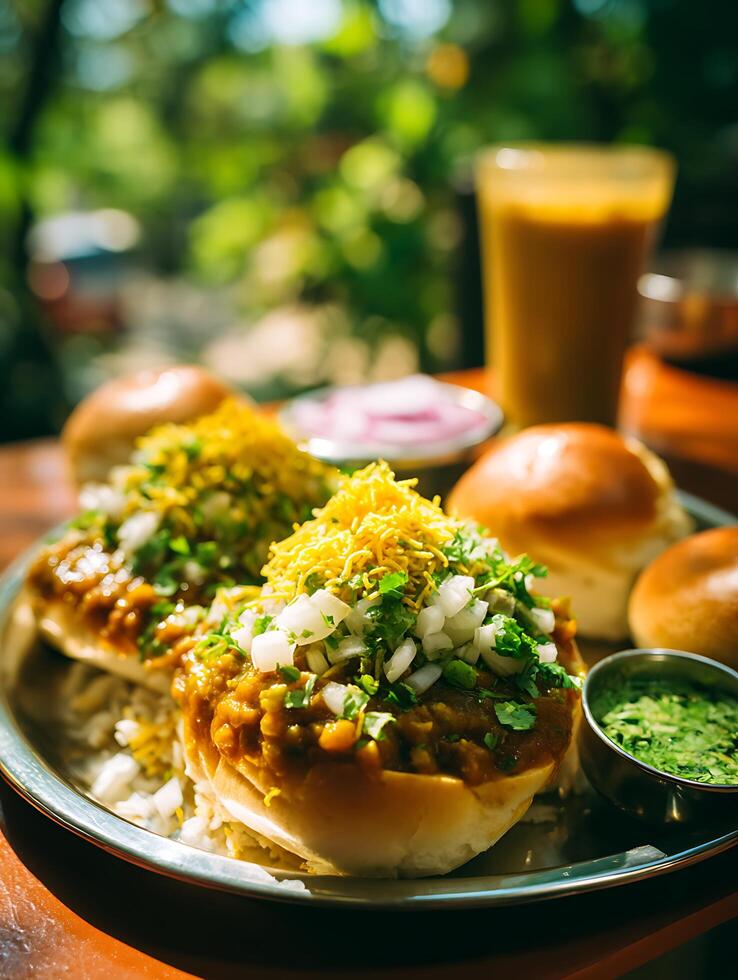 Close up of Pav Bhaji, a popular Indian street food, served on a metal plate with extra buns and chutney. photo