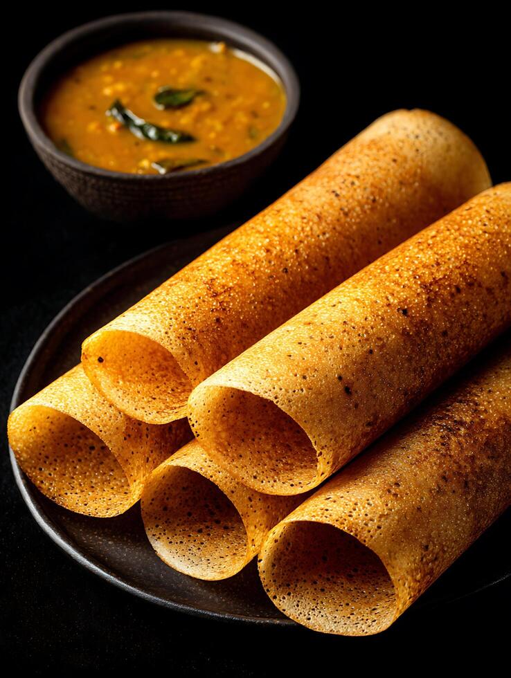 Crispy Rolled Dosa with Sambar A Close Up of South Indian Cuisine. photo