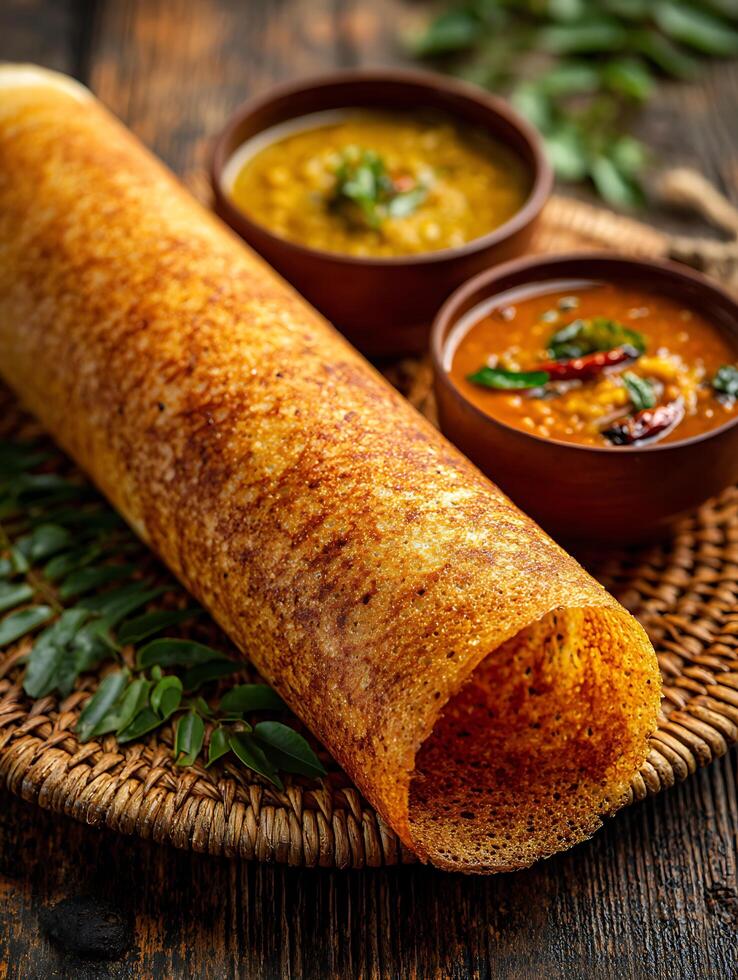 Crispy Masala Dosa with Sambar and Chutney A Delicious South Indian Breakfast. photo