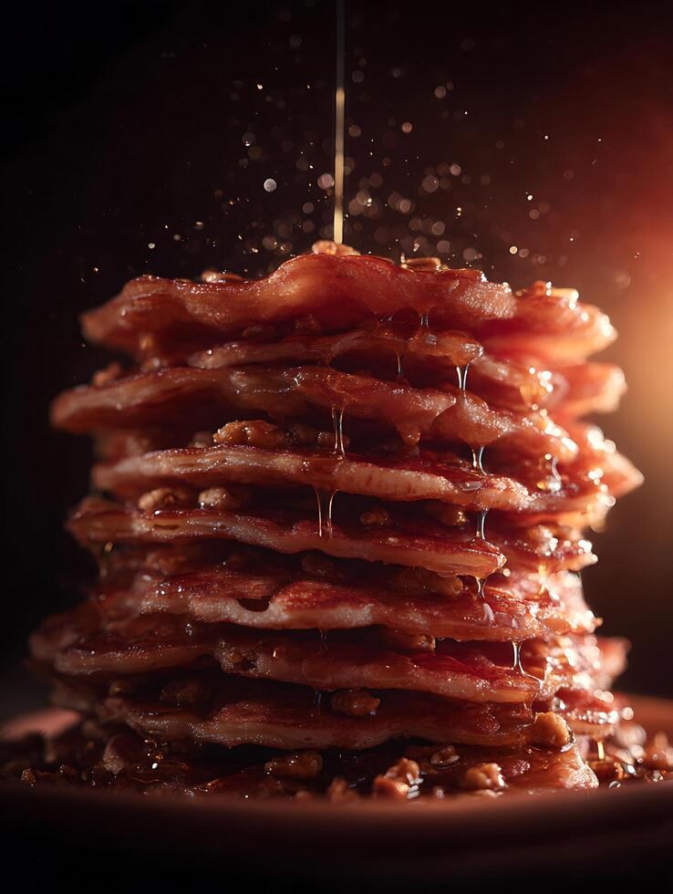 A Delicious Stack of Pancakes Drizzled with Maple Syrup and Walnuts. photo