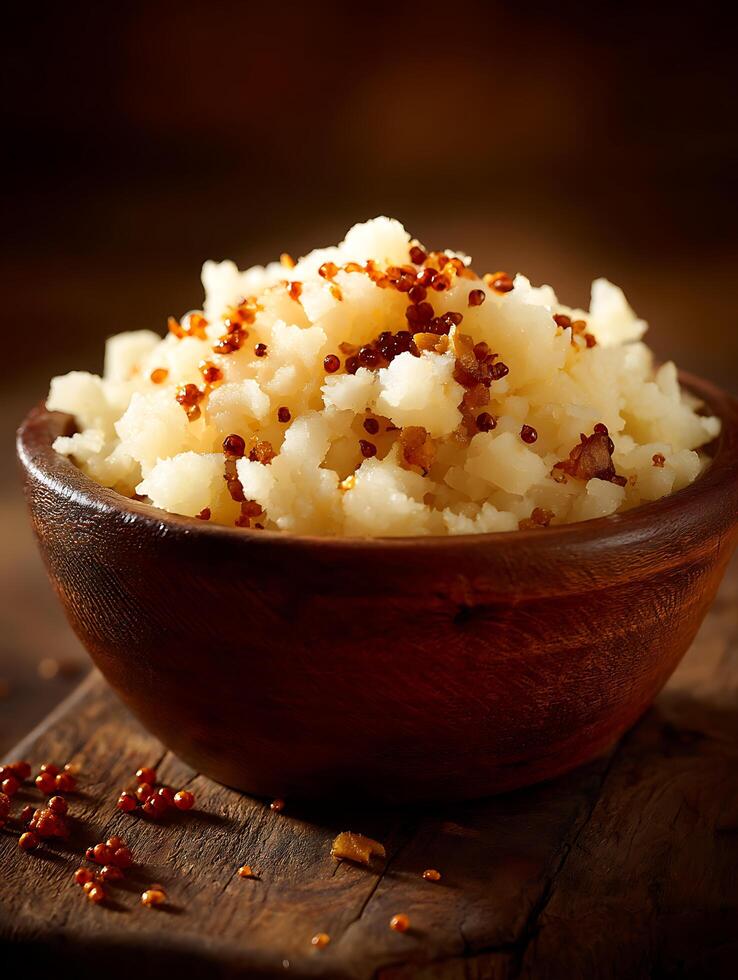 Close up of Mashed Potatoes with Caramelized Onions and Mustard Seeds in a Wooden Bowl. photo
