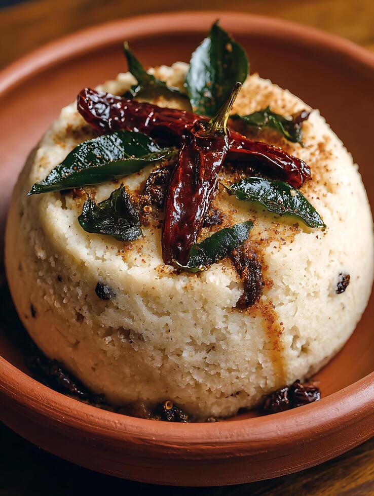 Close Up of Upma, a South Indian Breakfast Dish, Garnished with Curry Leaves and Chilies. photo