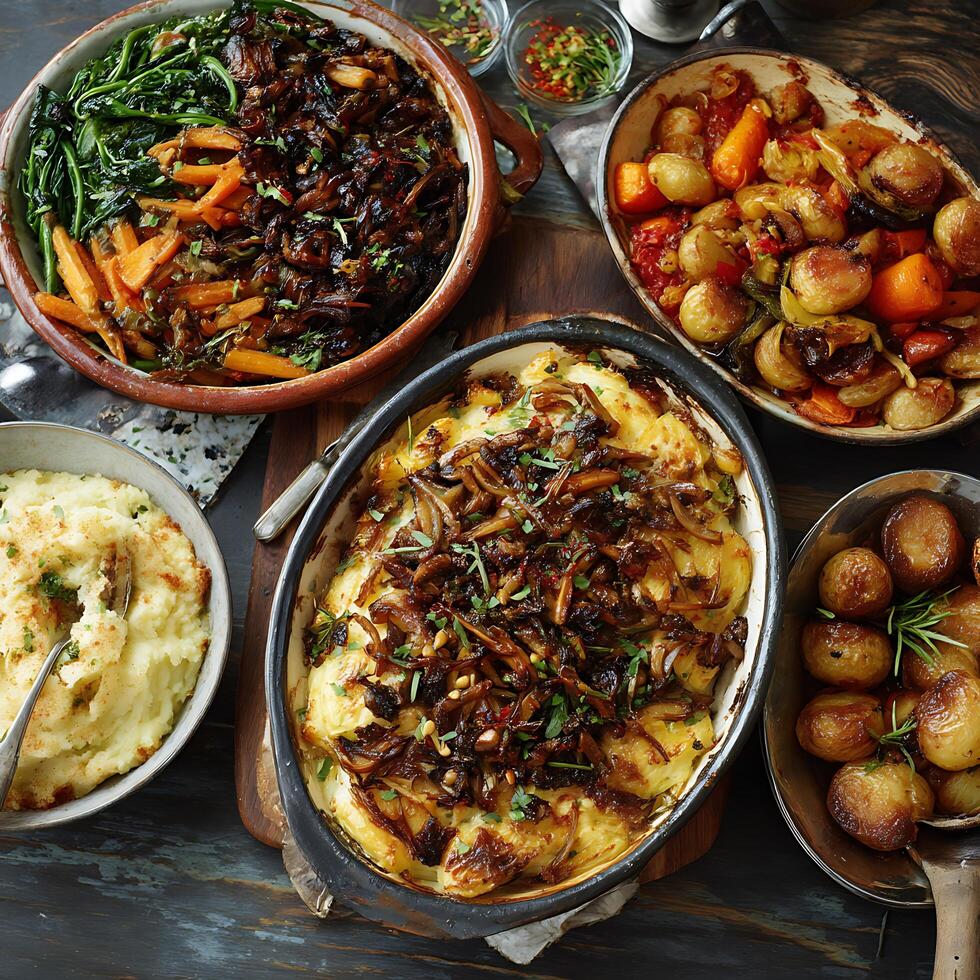 Overhead View of a Rustic Table Setting with Several Dishes of Roasted Vegetables and Mashed Potatoes. photo