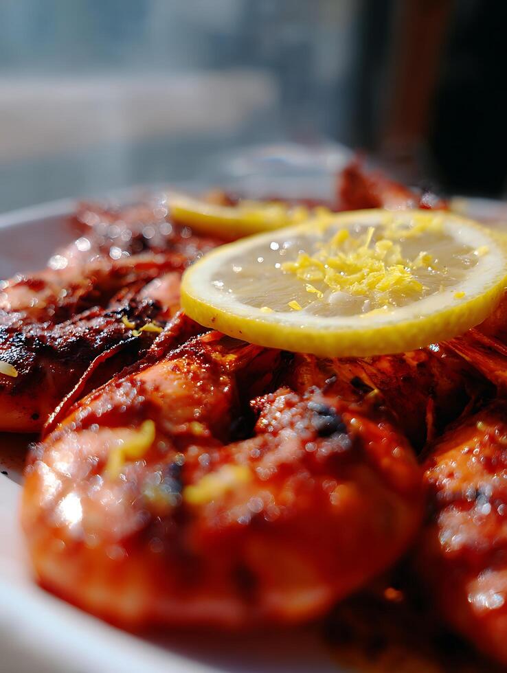 Close up of Grilled Shrimp with Lemon Garnish. A mouthwatering image perfect for food blogs, restaurants, and culinary websites. photo
