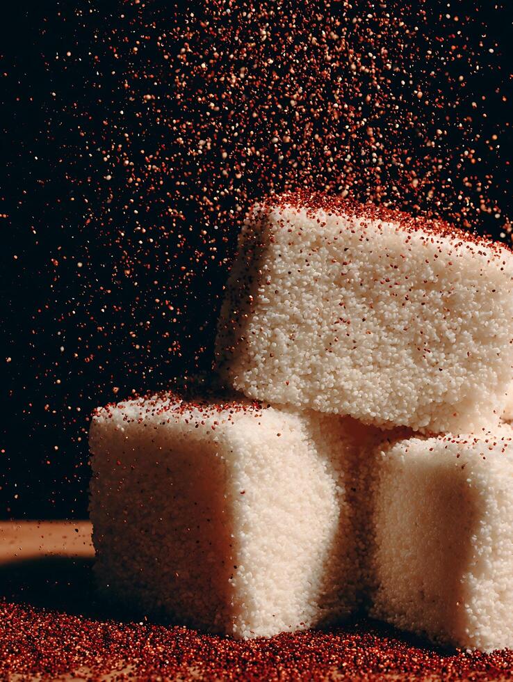Creamy Cubes Dusted with Red Crystals A Close Up of Textured Candy. photo