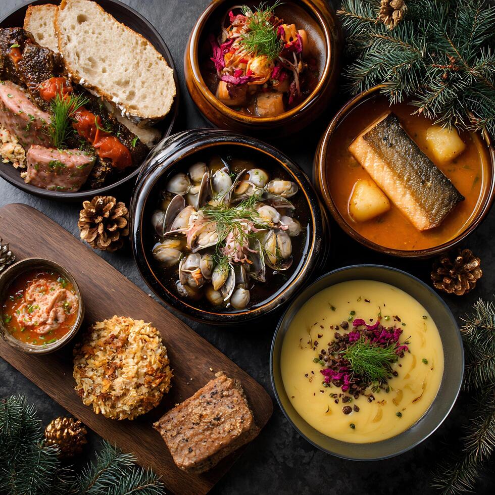 Gourmet Holiday Meal A Festive Tabletop Featuring Delicious Soups and Appetizers. photo