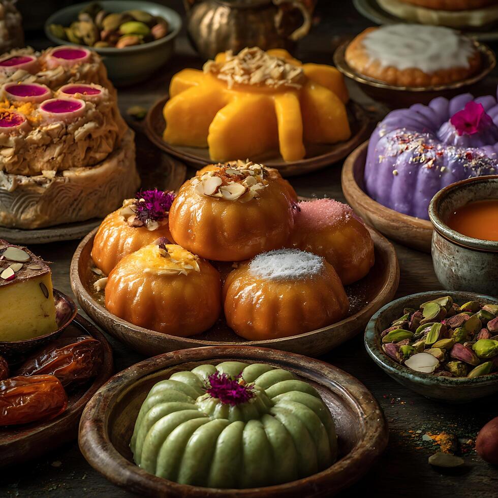 A Festive Table Setting Showcasing an Array of Delicious Middle Eastern Desserts. photo