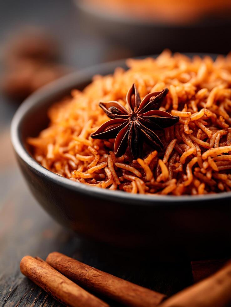 Aromatic Spiced Rice in a Dark Bowl A Close Up of Warm and Savory Cuisine. photo