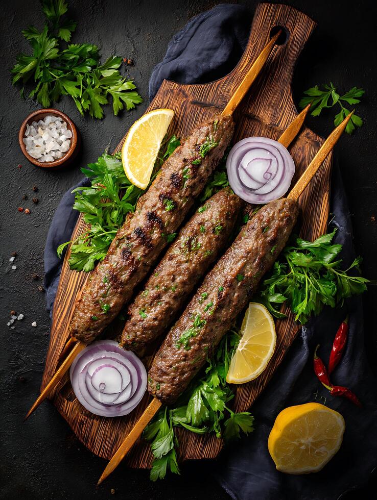Grilled Lamb Kebabs with Lemon and Parsley on Wooden Board. A delicious overhead shot of three flavorful kebabs, perfect for restaurant menus or food blogs. photo