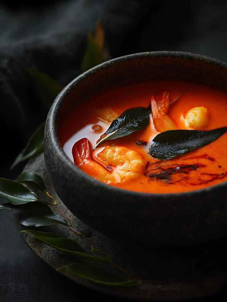 Close up of Tom Yum Soup with Shrimp in a Dark Bowl. A delicious and aromatic Thai dish. photo