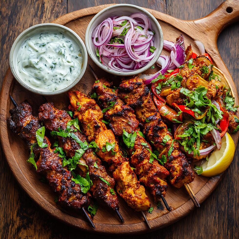 Delicious Grilled Chicken and Lamb Kebabs with Red Onions, Yogurt Sauce, and Lemon. A top-down view of a flavorful Middle Eastern or Indian meal. photo