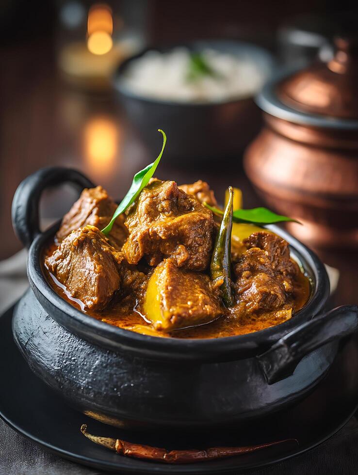 Delicious Indian Lamb Curry in a Clay Pot, Close Up View. photo