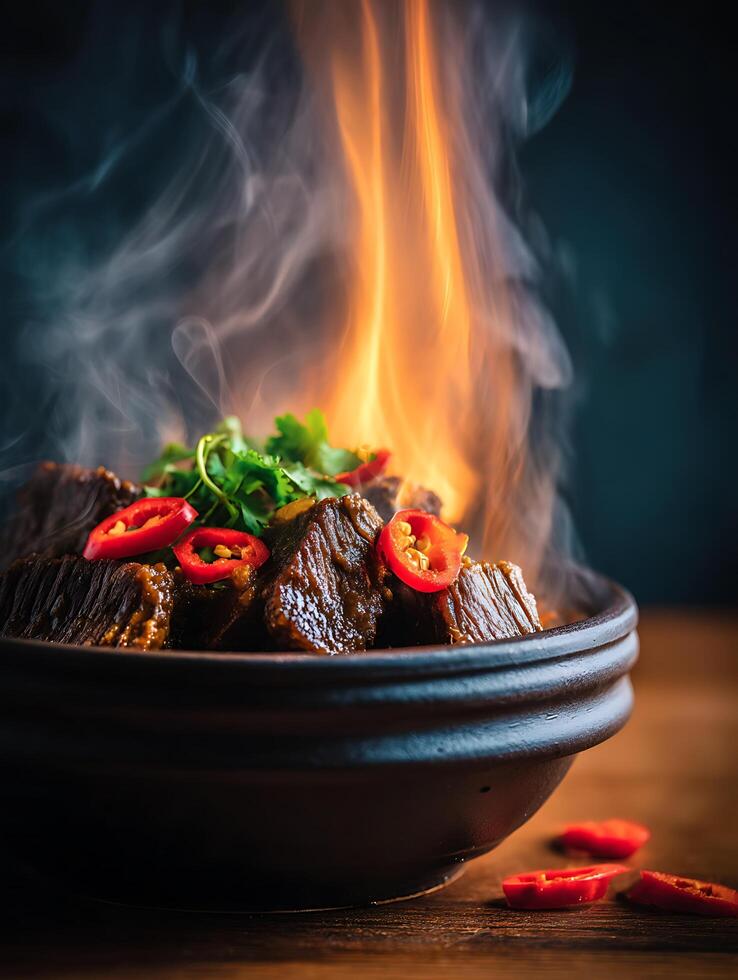 Steaming Hot Chili Beef in a Clay Bowl with Flames. photo
