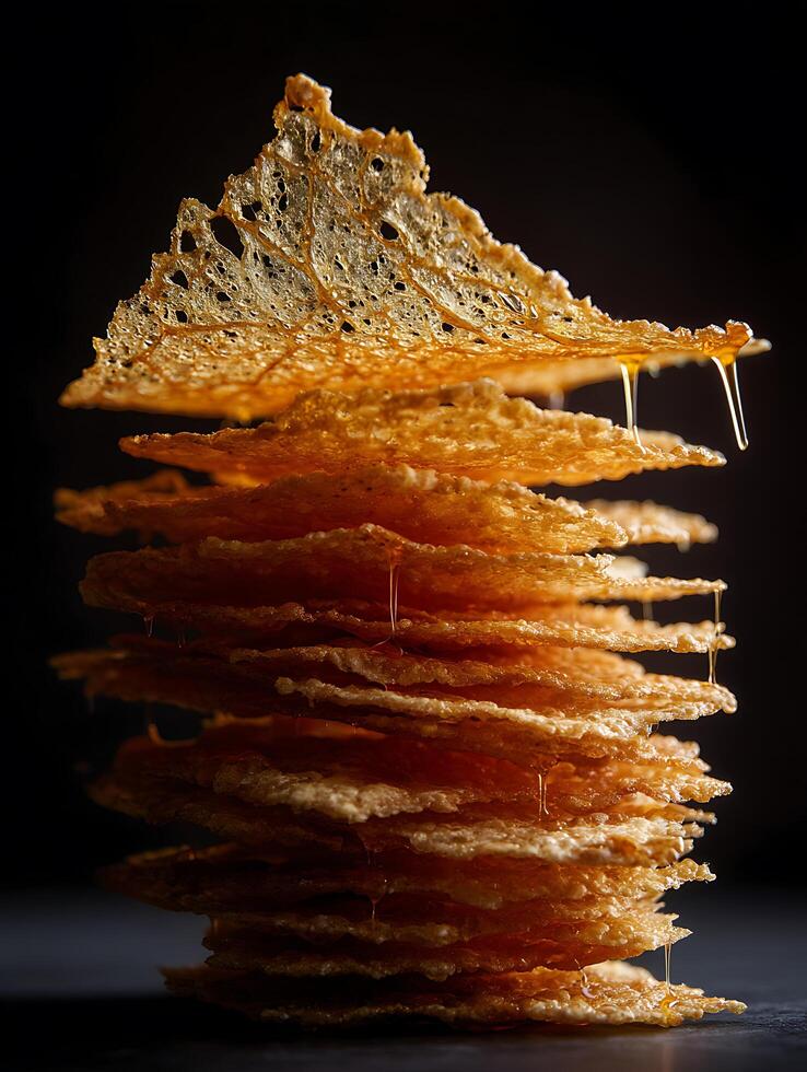A Delicious Stack of Crispy Honeycomb-like Biscuits Drizzled with Golden Syrup. photo