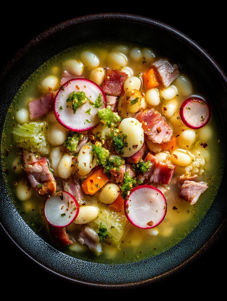 Delicious Ham and White Bean Soup in a Rustic Bowl. photo