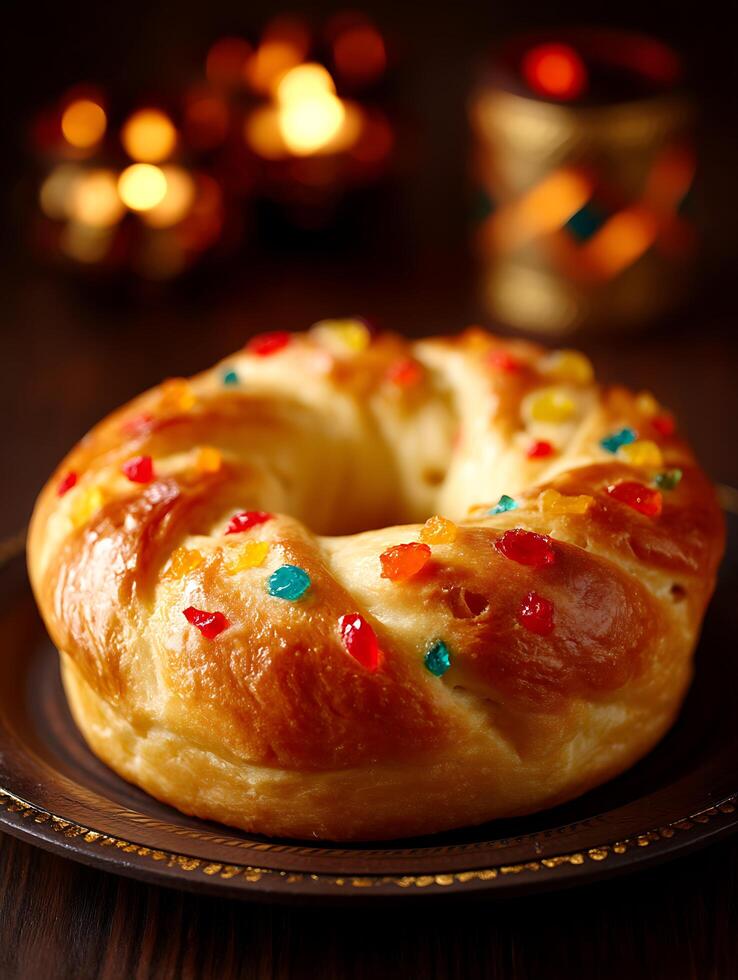 Delicious Sweet Bread Ring with Colorful Candied Fruit, Close Up. photo