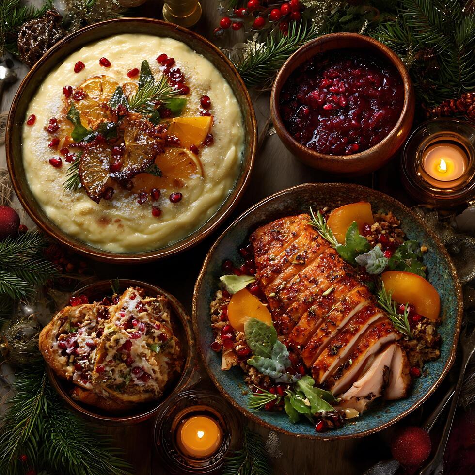 Festive Christmas Dinner Table Setting with Roasted Turkey Breast, Mashed Potatoes, Cranberry Sauce, and Stuffing. photo