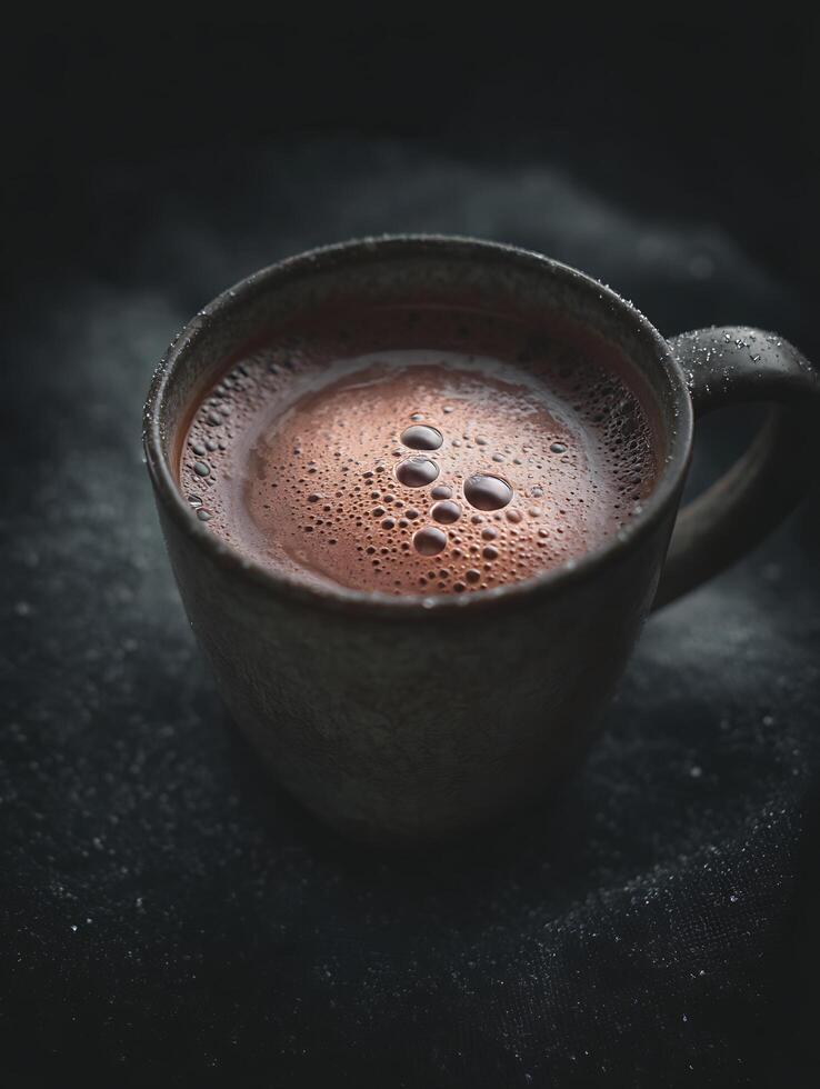 Close Up of Frothy Hot Chocolate in a Rustic Mug. photo