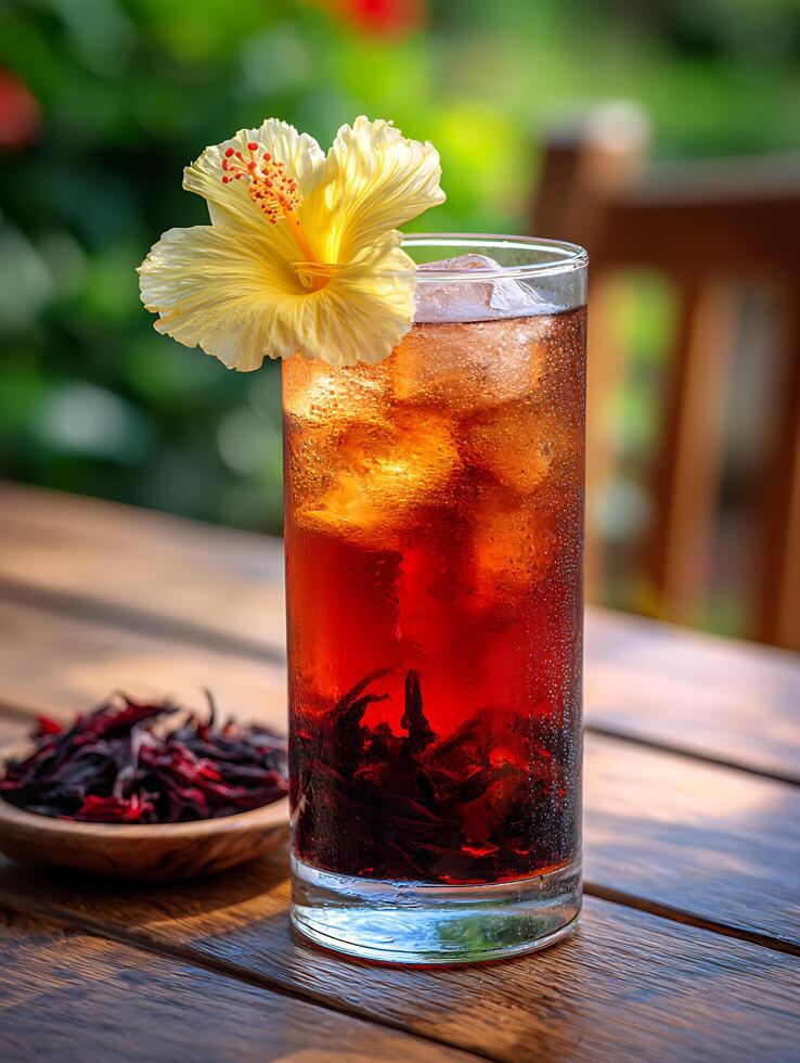 Refreshing Hibiscus Iced Tea with Yellow Hibiscus Flower Garnish. photo