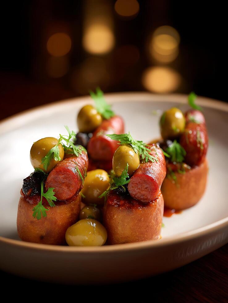Close up of Gourmet Sausages with Olives and Herbs on Toasted Bread. photo
