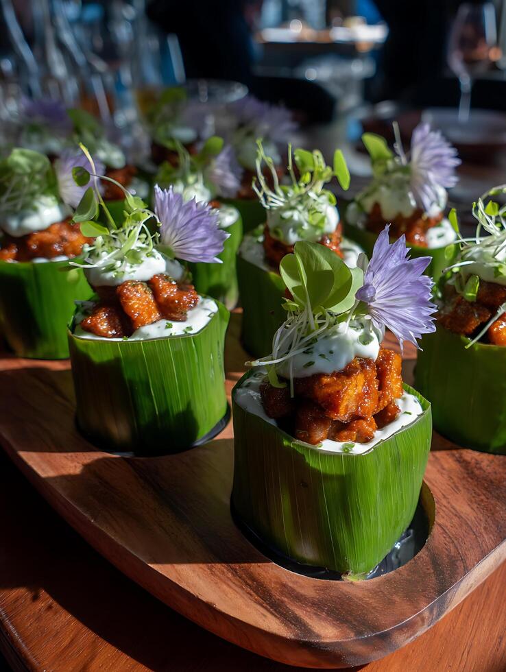 Gourmet Appetizers in Banana Leaf Cups Close up of Exquisite Food Presentation. photo