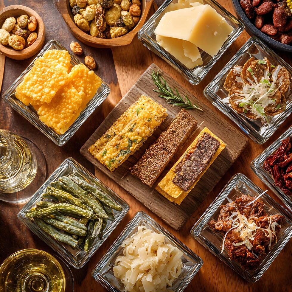 Gourmet Appetizer Platter A Delicious Overhead Shot of Various Snacks. photo