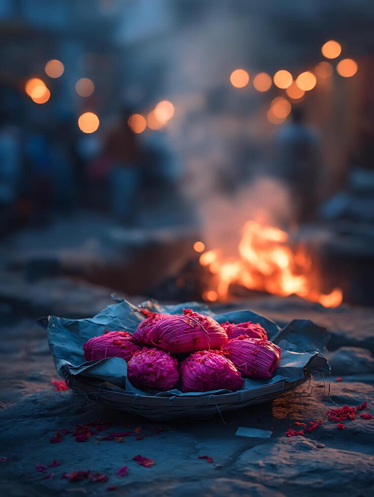 Pink Flower Offerings at Dusk A Glowing Ceremony. photo