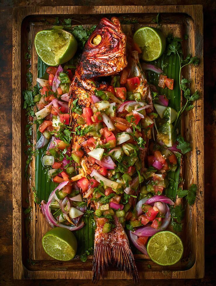 Grilled Red Snapper with Fresh Pico de Gallo on Wooden Platter. photo