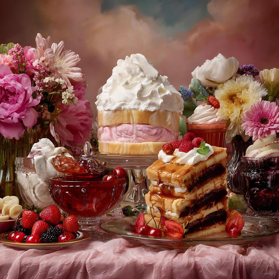 Delicious Dessert Table with Flowers and Cakes A Still Life of Sweet Treats. photo