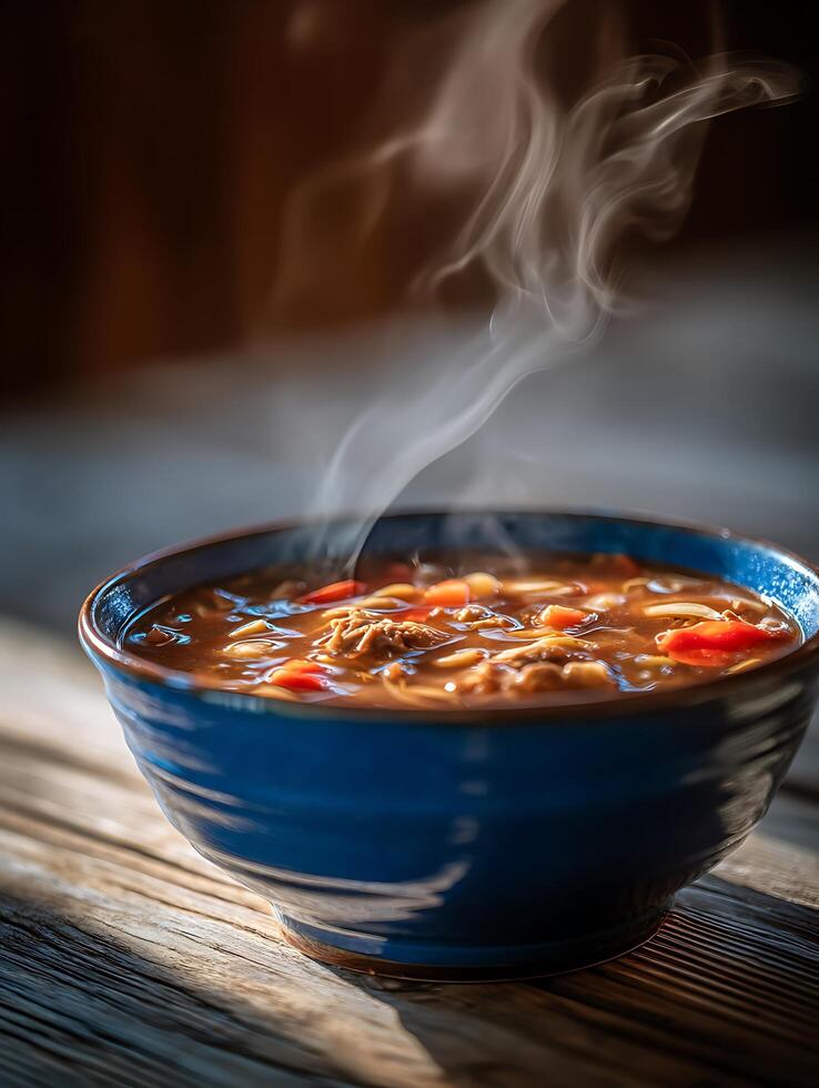 A steaming bowl of hearty vegetable soup sits on a rustic wooden table, illuminated by warm sunlight. photo