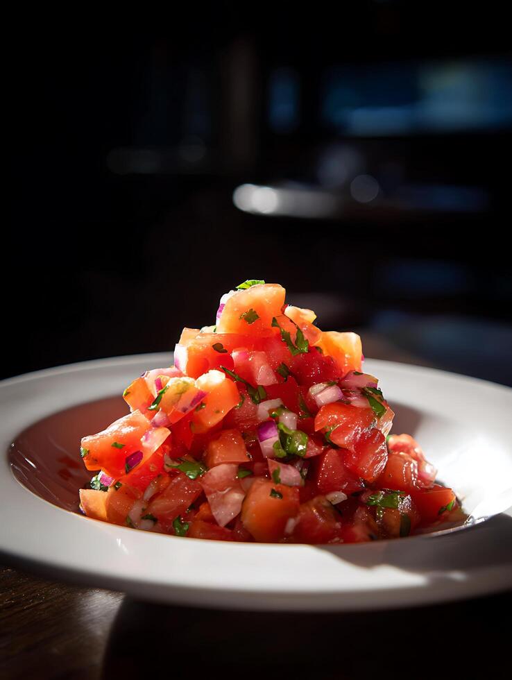 Fresh Tomato and Red Onion Salad in a White Bowl. A close up image of a vibrant and delicious salad. photo