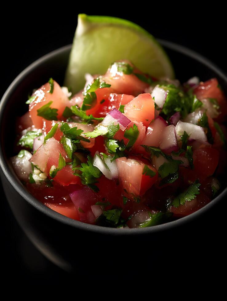 Fresh Pico de Gallo in a Black Bowl with Lime Wedge. A close up image of vibrant pico de gallo, perfect for food blogs, recipes, and culinary websites. photo