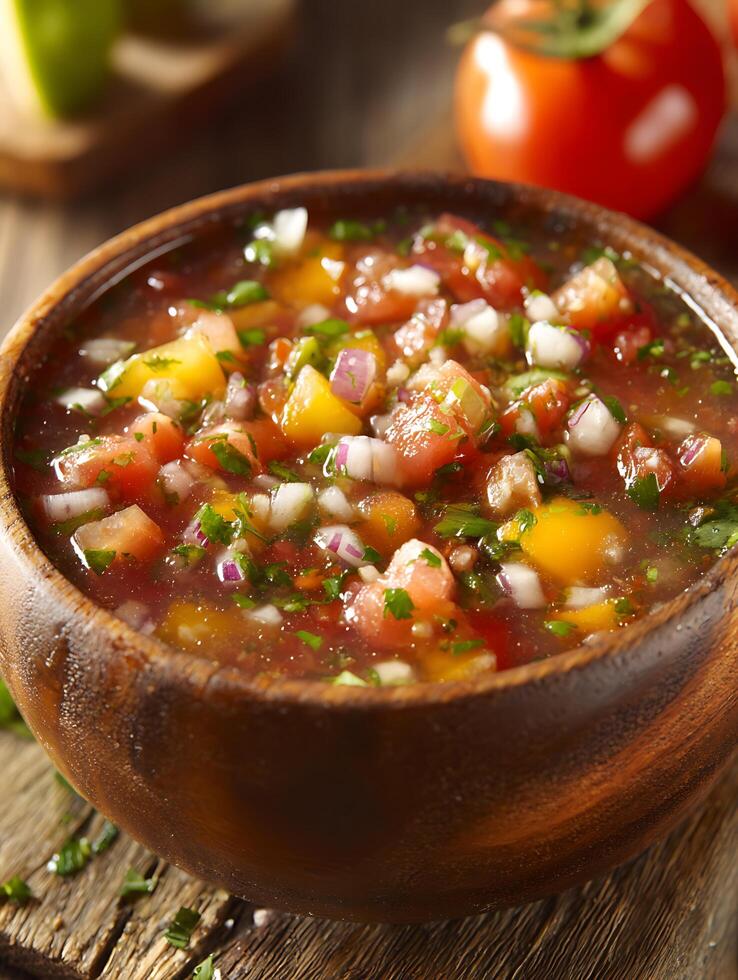 Fresh Homemade Salsa in Rustic Wooden Bowl. A close up of vibrant salsa made with tomatoes, onions, and cilantro. photo