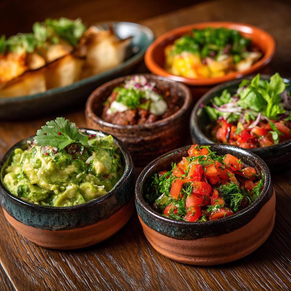 Close up of a delicious selection of Mexican dips and appetizers served in rustic bowls on a wooden table. photo
