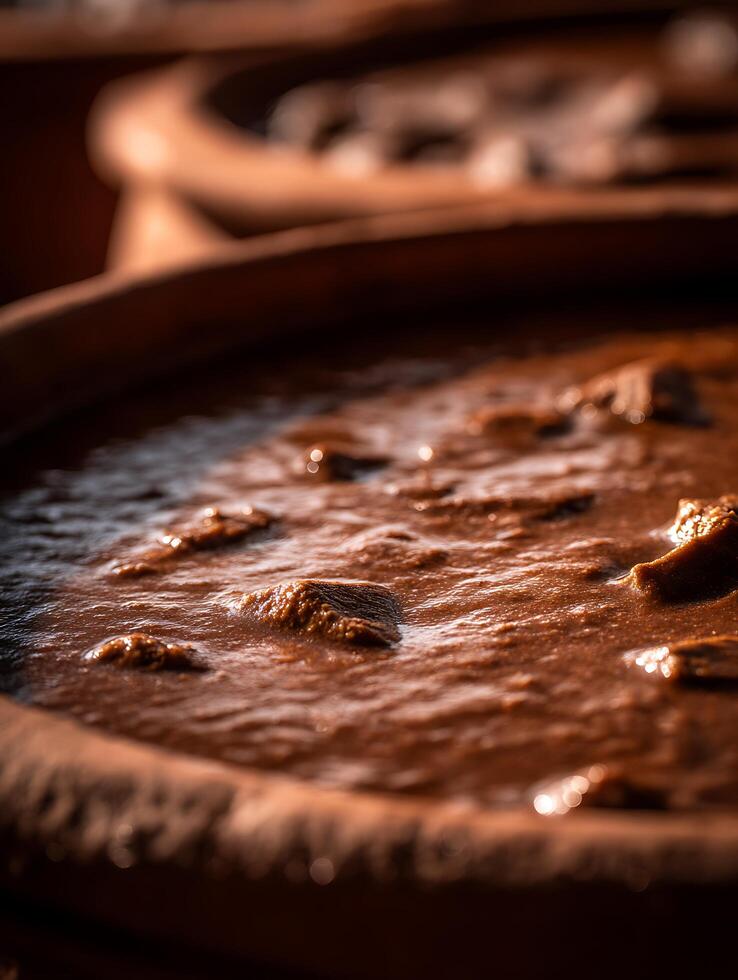 Close up of a rich brown sauce or paste in a terracotta bowl. photo