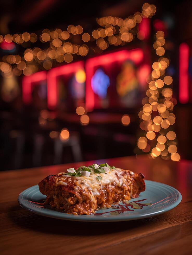 Delicious Enchilada on a Plate with Festive Bokeh Background. photo