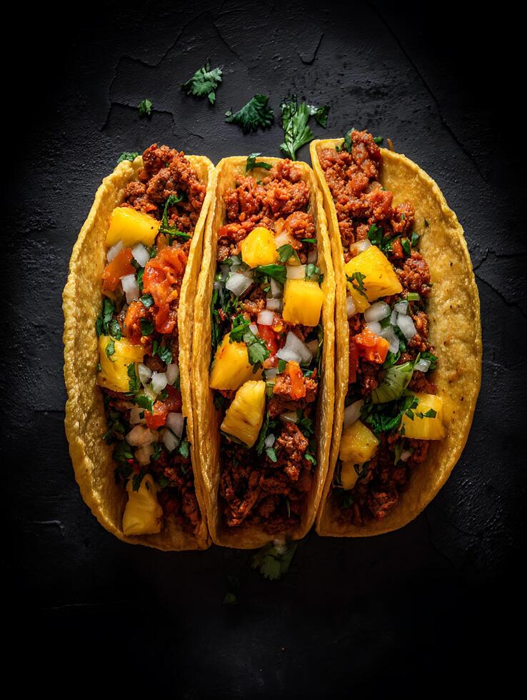 Delicious Ground Beef Tacos with Pineapple Salsa A Top-Down View. photo