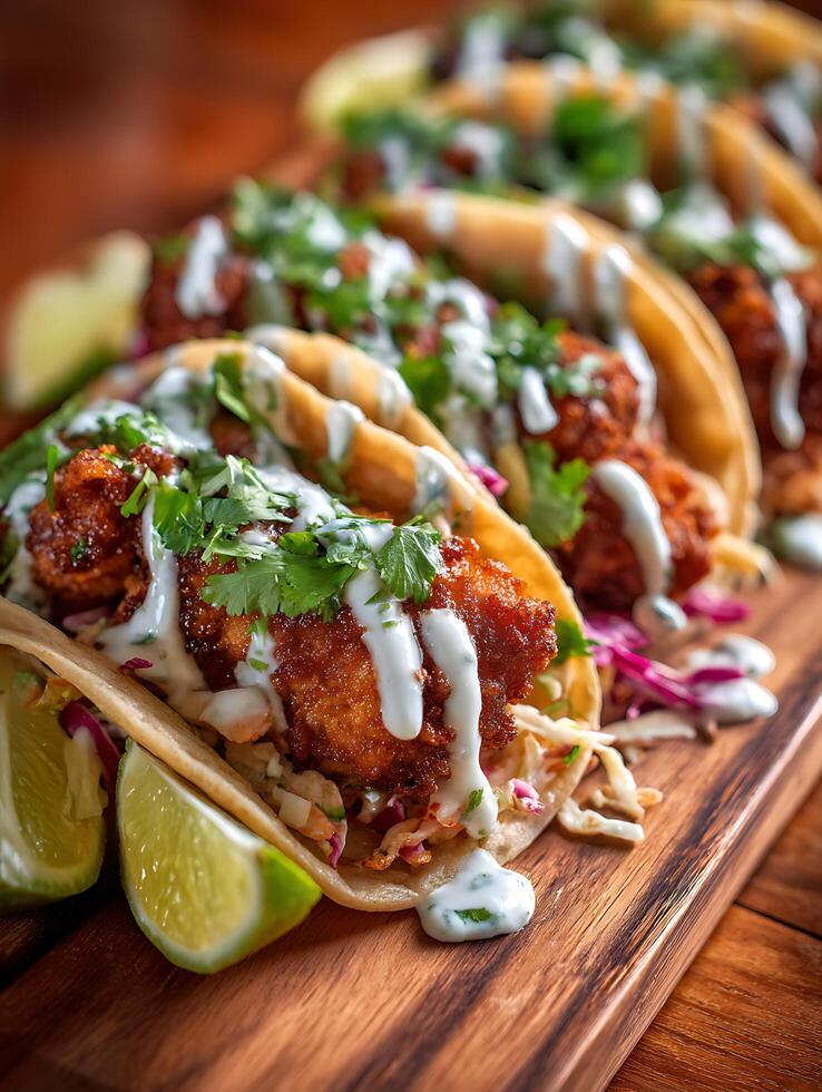 Close Up of Delicious Crispy Fish Tacos with Creamy Sauce and Fresh Cilantro. photo