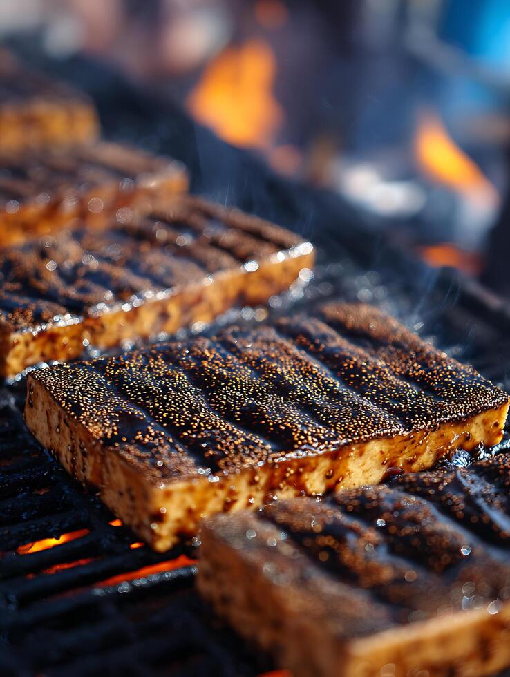 Close up of Grilled Tofu Blocks on a Barbecue Grill. Delicious vegan food photography. photo