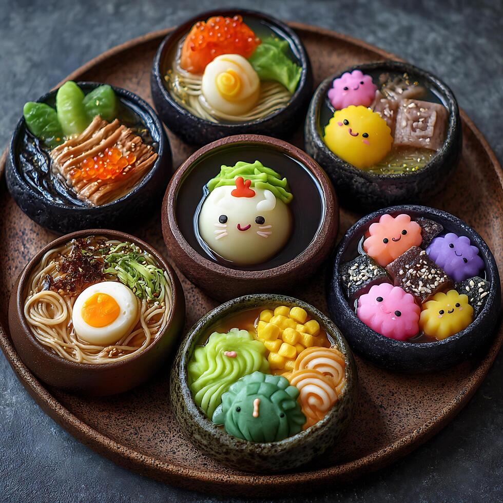 Adorable Character Ramen Bowls A Close Up of Whimsical Japanese Inspired Food Art. photo