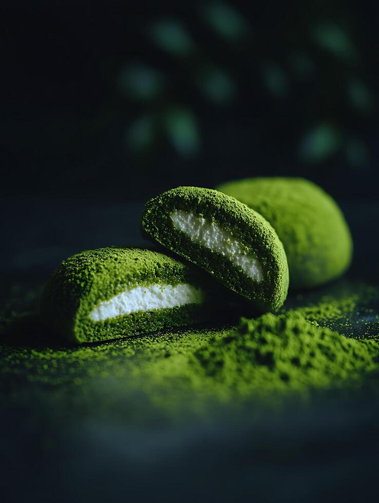 Close up of Matcha Cream Filled Cakes on Matcha Powder. A delectable image perfect for food blogs, culinary websites, and dessert menus. photo