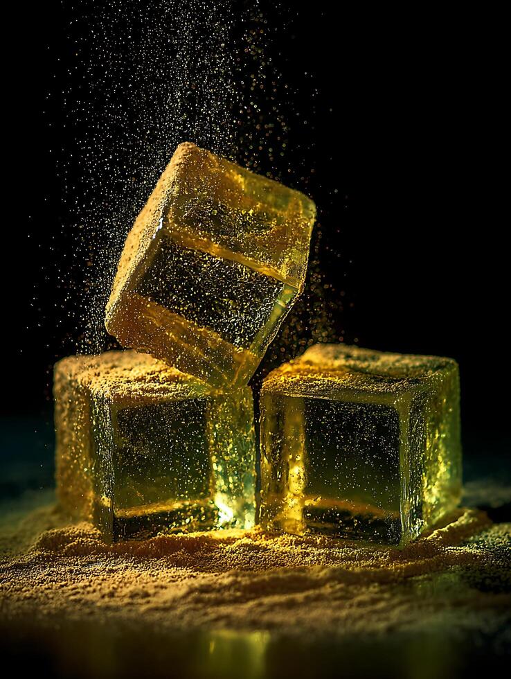 Golden Cubes of Ice Falling on Golden Sand. A close up shot of illuminated ice cubes. photo