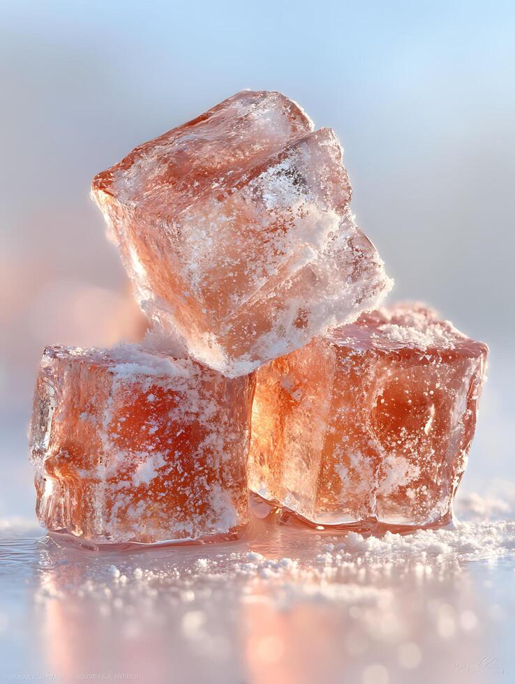 Stack of Translucent Amber Ice Cubes with Frost, Close Up. photo