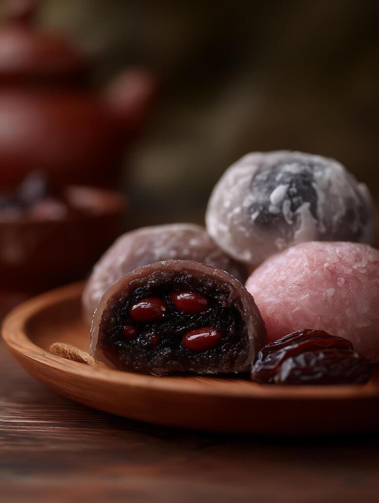 Close up of Daifuku Mochi on Wooden Plate, Japanese Sweets. photo