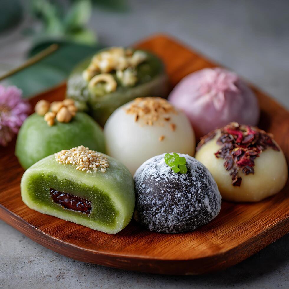 Close up of assorted mochi on a wooden plate. A delicious variety of Japanese sweets. photo