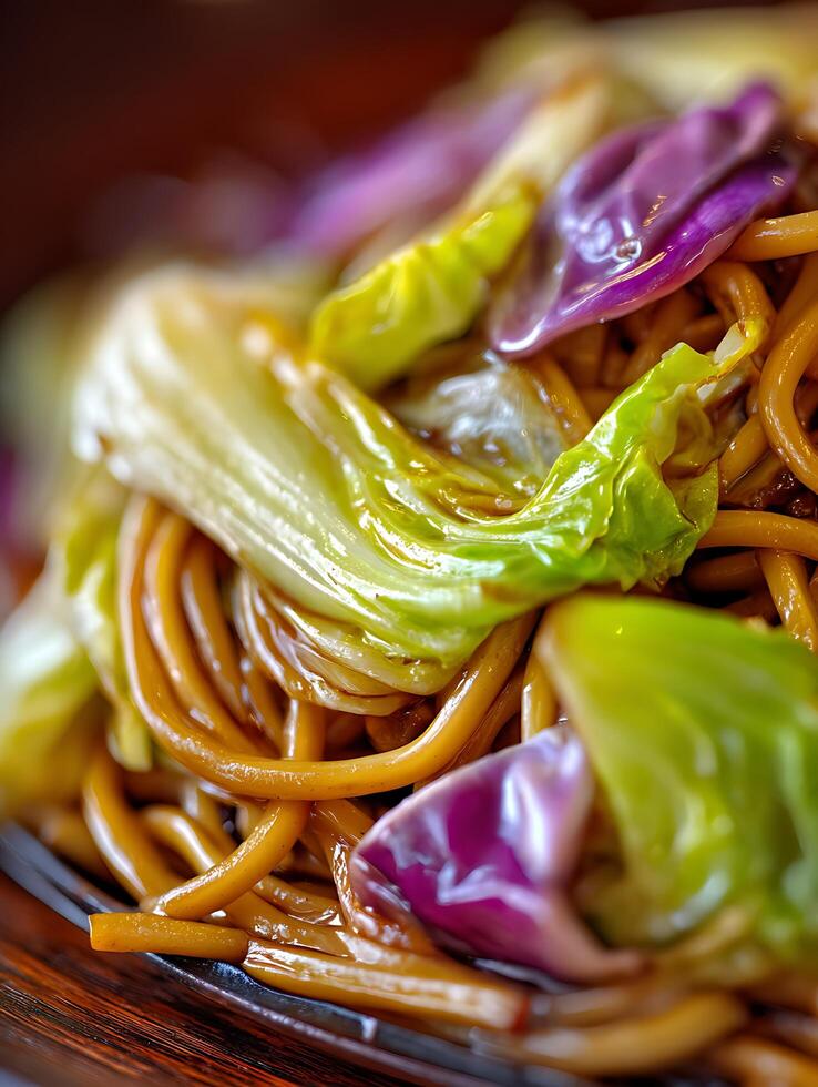 Close up of Noodles with Cabbage and Red Cabbage. A vibrant image of delicious Asian cuisine. photo