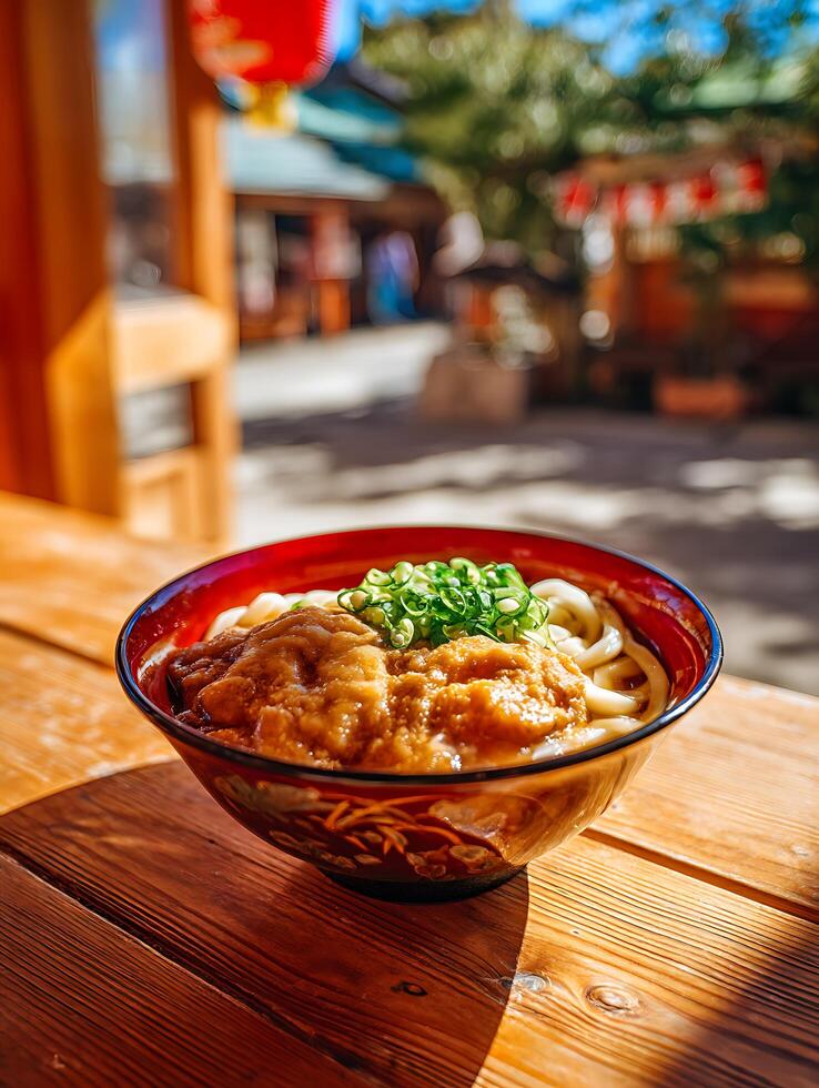 Delicious Udon Noodles in a Red Bowl, Sunny Outdoor Setting. photo
