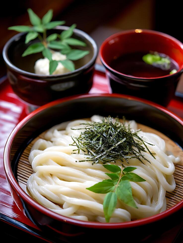 Delicious Udon Noodles in a Red Bowl, Close Up Food Photography. photo