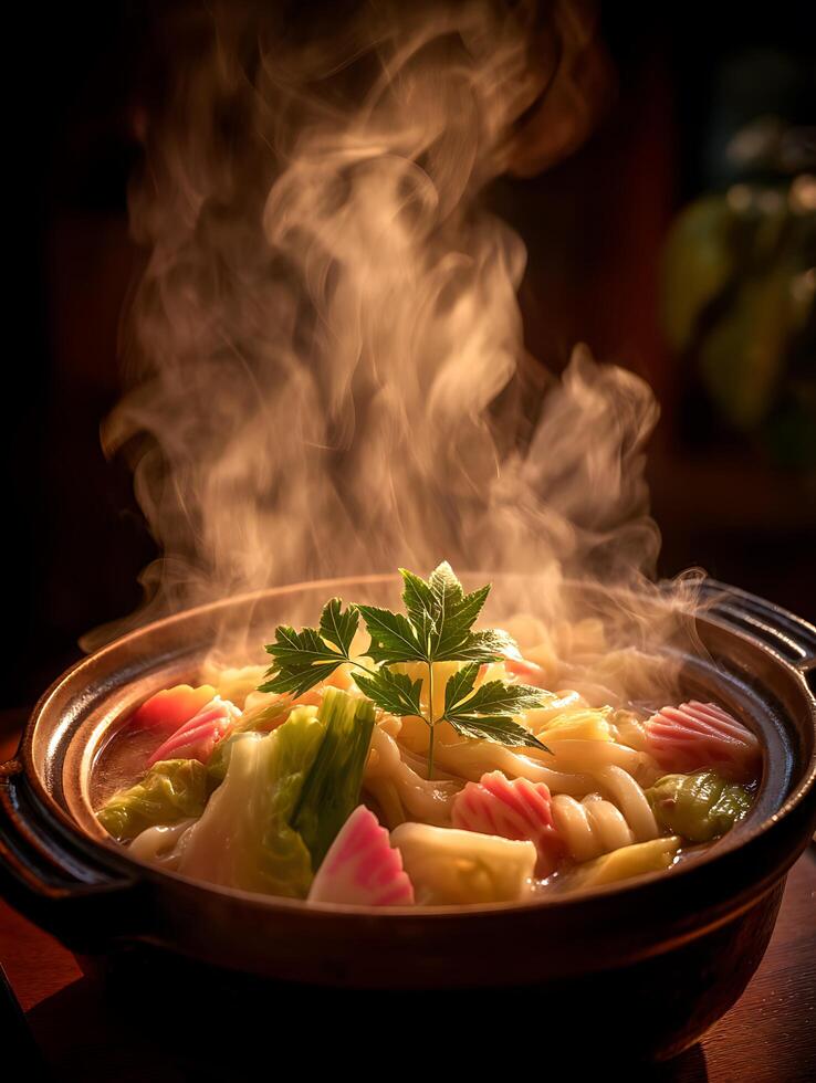 Steaming Hot Pot of Japanese Udon Noodles with Vegetables. photo