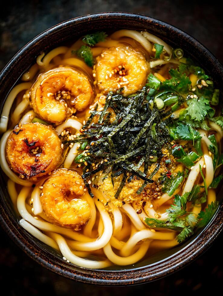 Delicious Udon Noodle Soup with Tempura Shrimp Close Up. A top view image showing a bowl of udon noodles in a rich broth, garnished with tempura shrimp, seaweed, and cilantro. photo